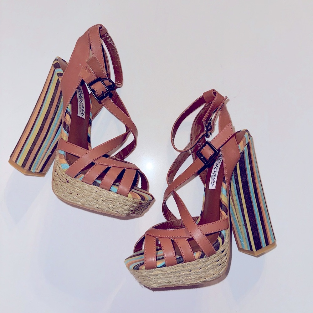 Naughty Monkey *Aztec* tan leather 70s style platform boho sandals 7 - Picture 1 of 10